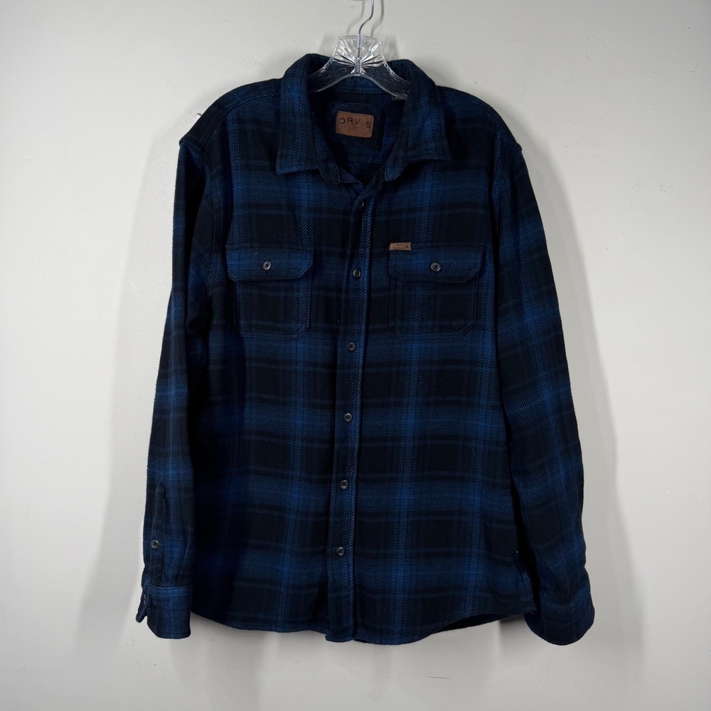 Orvis Mens Blue Black Plaid Flannel Shirt Jacket Button Down Sz XL Hand Pockets